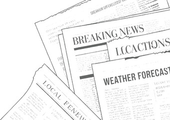 Obraz premium Overlapping newspapers with headlines breaking news local weather forecast and stock market information