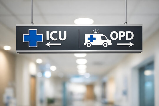 Hospital Sign Directing: A directional sign hangs in a hospital hallway, guiding patients and visitors to the Intensive Care Unit (ICU) and the Outpatient Department (OPD).