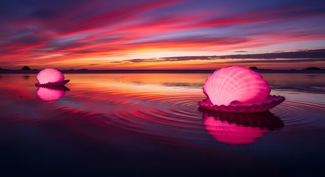 Glowing pink giant seashells on a beach at sunset. Ocean fantasy and travel relaxation concept. Luminous shells reflecting in the wet sand under a vibrant purple and orange sky.