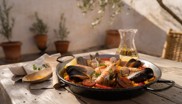 ultra realistic photo of seafood paella in pan, rustic outdoor Spanish setting