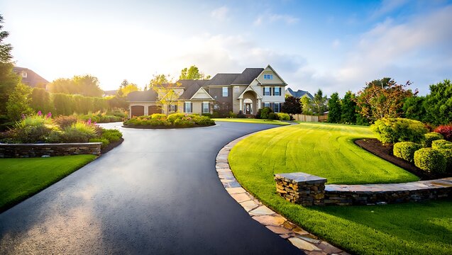 Freshly sealed asphalt driveway with glossy black surface showcasing smooth texture durability and modern residential maintenance concept perfect for construction background and infrastructure themes