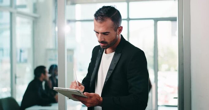 Thinking, business and man with tablet in office for vision, schedule viewing and resale contract. Person, stylus and ideas with digital signature for agreement, pricing property and auction inquiry