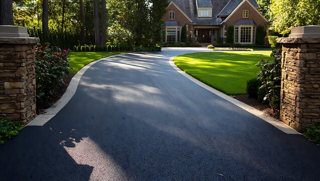 Freshly sealed asphalt driveway with glossy black surface showcasing smooth texture durability and modern residential maintenance concept perfect for construction background and infrastructure themes