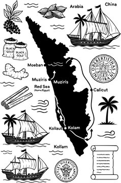 Kerala ancient map with spice and ship and harbor. Vintage hand drawn illustration of Kerala map with spices, sailing boats and ancient harbors.