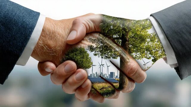 Environmental Partnership: Symbolic handshake represents the harmonious integration of business with environmental conservation, illustrating a commitment to sustainable practices.
