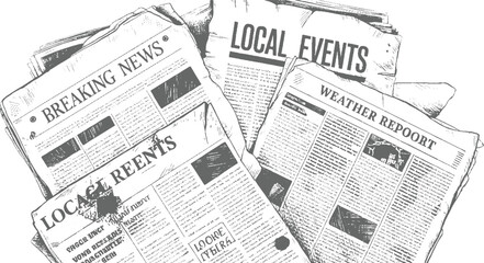 Obraz premium Stack of vintage newspapers with headlines breaking news local events and weather report