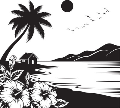 Tropical island getaway with palm tree and sunset