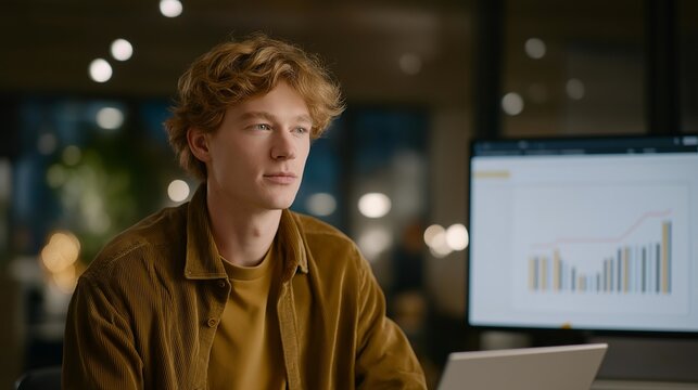 Young founder reviewing customer lifetime value calculations in vibrant colorful startup office, analyzing cohort retention curves and expansion revenue opportunities for sustainable growth model,