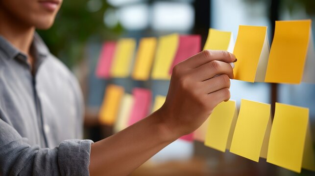 Close up hands arranging customer feedback sticky notes on large wall chart, categorizing pain points discovered during street interviews for subscription box startup validation research phase,