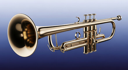 Obraz premium Shiny brass trumpet on gradient blue background closeup side view transparent background