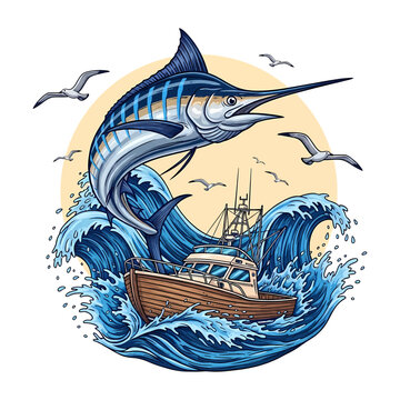 illustration of a leaping striped marlin over a fishing boat with sea waves and seagulls.