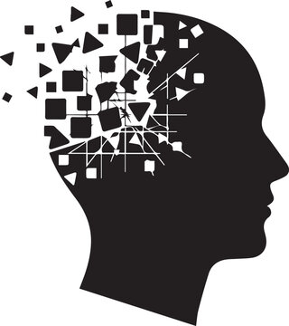 Black silhouette of a human head with shattered geometric shapes exploding from the brain, isolated on transparent background
