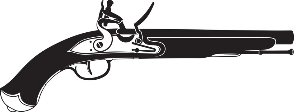 Vintage flintlock pistol, antique handgun, black and white illustration, historical firearm