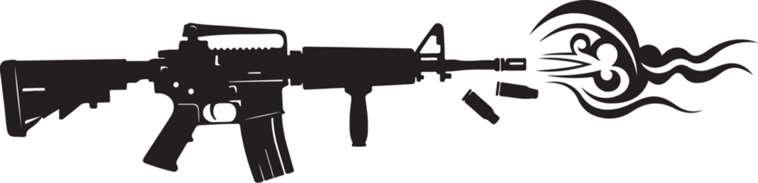 Tactical assault rifle silhouette with muzzle flash and bullet casings, black and white military carbine vector, firearm shooting action graphic
