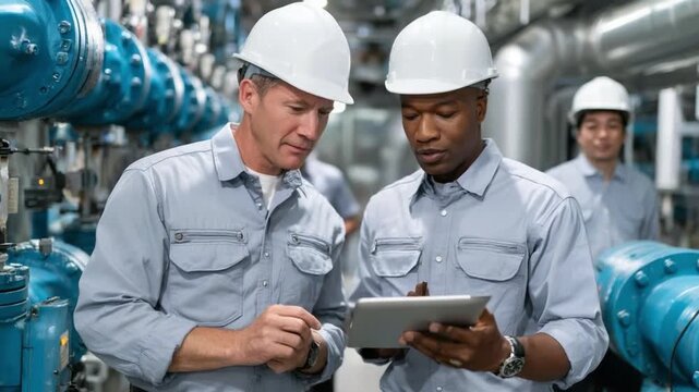Analyzing Engineering Workflow: Two skilled engineers, immersed in their work, collaborate and focus with a tablet, within the complex systems. A testament to technical excellence and problem-solving.
