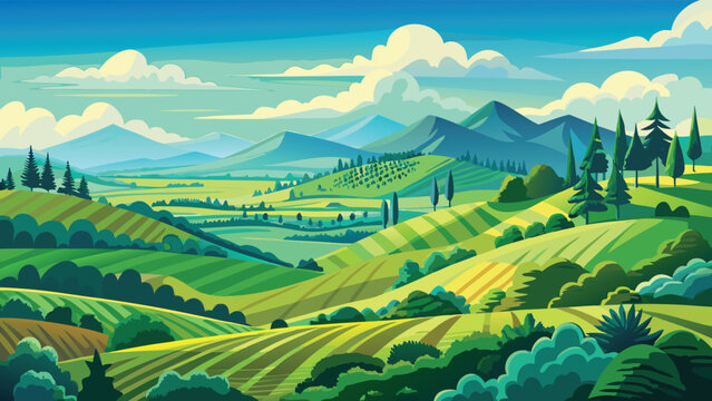 A vibrant landscape painting featuring rolling green hills and distant blue mountains under clouds