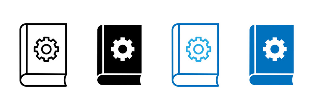 User guide icon set. Gear and book signs or symbols. Outline and filled icons. Illustration.