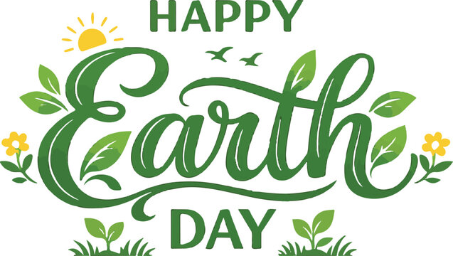 Happy earth day logo with green text and floral elements