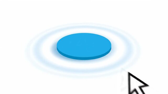 Computer mouse cursor clicking on blue circular button, internet navigation concept, white backgroun
