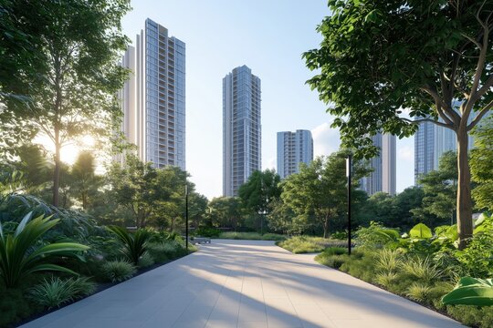 Urban park pathway winding through dense greenery with contemporary high-rise apartment buildings in the background