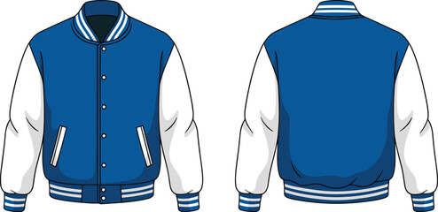 Front and back view of a blue and white varsity letterman jacket technical fashion sketch vector illustration for apparel design mockup and clothing tech pack template with buttons. © Md