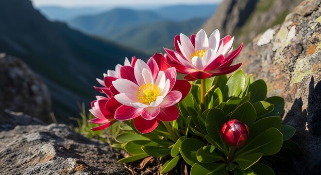 Red and white alpine flowers blooming on a rocky mountain peak. High altitude survival and botanical growth. Wild blossoms growing in a rugged mountain landscape under daylight