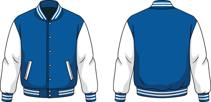 Front and back view of a blue and white varsity letterman jacket technical fashion sketch vector illustration for apparel design mockup and clothing tech pack template with buttons.