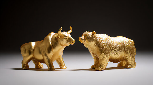 Golden Bull and Bear Figurines Face Off Side by Side on a Dark Background, Representing Market Dynamics and Financial Contradictions