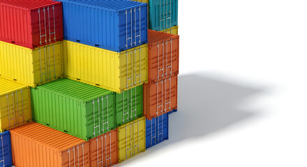 Fototapeta premium Colorful shipping containers stacked in rows and piles on white background.