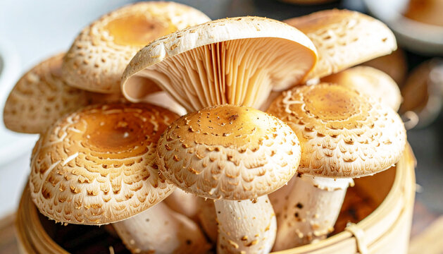 Shitake mushrooms, (Lentinula edodes), Asian style, macro shot. AI