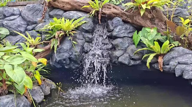 A beautiful custom made rocky waterfall in the pond at zoo entrance