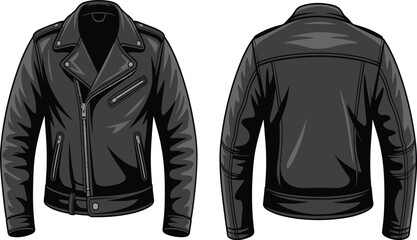 Front and back view of a black leather biker jacket technical fashion sketch vector illustration for apparel design mockup and clothing tech pack template with zipper. © Md