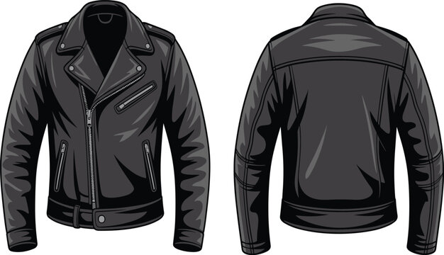 Front and back view of a black leather biker jacket technical fashion sketch vector illustration for apparel design mockup and clothing tech pack template with zipper.