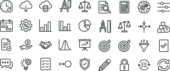Naklejka premium Business analytics workflow outline icon set with strategy planning finance reporting symbols for apps dashboards interfaces presentations management platforms