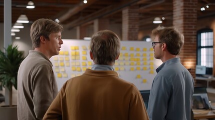Obraz premium Startup team conducts sprint retrospective with sticky notes covering exposed brick walls in converted factory loft, natural light flooding industrial space, perfect for agile methodology, team