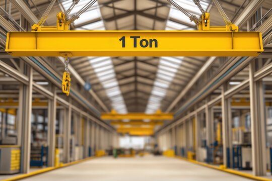 Overhead 1 ton capacity crane moving materials inside a large modern industrial factory, symbolizing logistics and heavy lifting