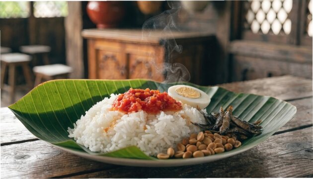 Traditional Nasi Lemak on Banana Leaf with Sambal, Gigapixel Standard v2 4x