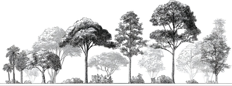 Black and white of diverse trees and foliage in a layered forest scene nature