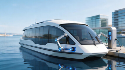 Obraz premium Modern electric boat charges at dockside