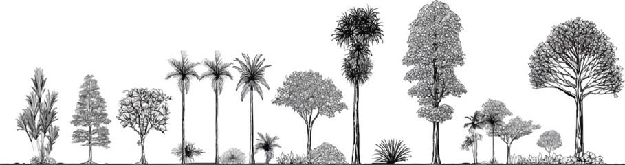Fototapeta premium Collection of diverse black and white ink of various trees and plants in a line