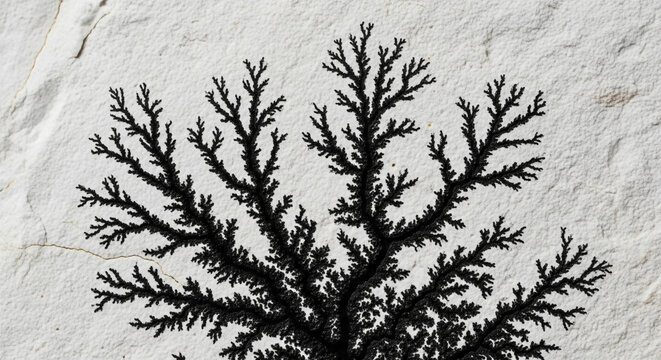 Dendrite crystal formation on white stone surface