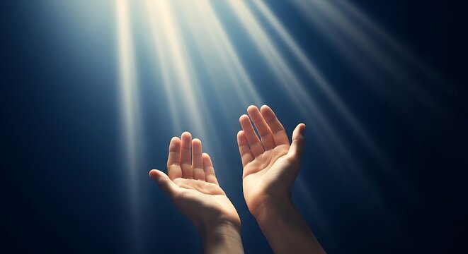 Hands reaching up towards a divine light beam