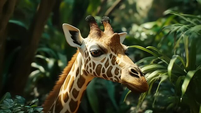 Close up of a giraffes head and neck in a lush green jungle environment.
