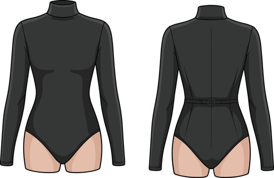 Front and back view of a black turtleneck long sleeve bodysuit technical fashion sketch vector illustration for apparel design mockup and clothing tech pack template.