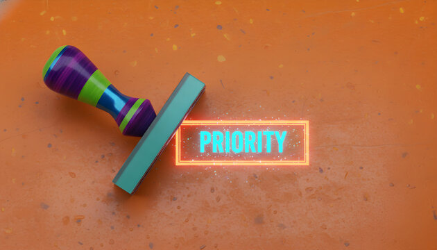 Vibrant rubber stamp with neon glow 'PRIORITY' text, concept for urgency and important tasks