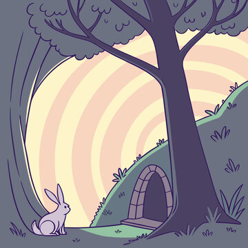 A rabbit sits under a tree near a hobbit hole
