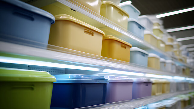 Colorful plastic storage containers neatly arranged on illuminated shelves in a retail store, showcase home organization variety and practicality