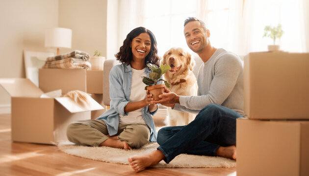 jeune couple et leur chien f&ecirc;tent joyeusement leur emm&eacute;nagement
