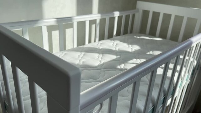 Empty white baby cot with wheels and a pendulum mechanism. Orthopedic mattress for a newborn