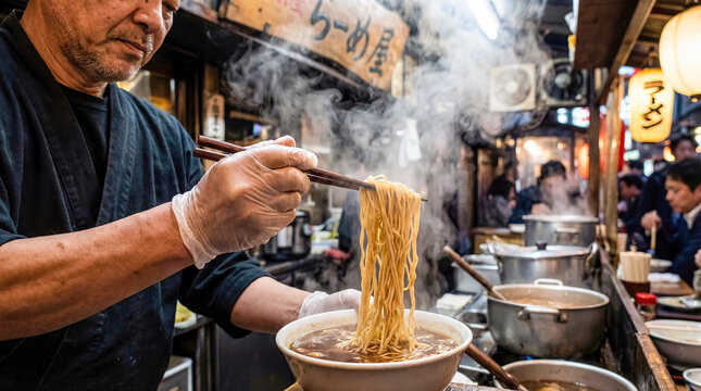 Chef cook chopsticks lifting steaming ramen noodles bowl street food stall restaurant night market culture tradition cuisine authentic lifestyle concept photo